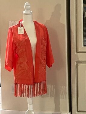Coral Embroidered Fringe Kimono by Piarossini NWT
